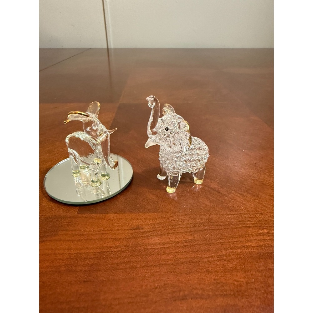 Vintage Blown Glass Elephant Figurines Set Gold Trim Clear Miniatures 2 Pieces